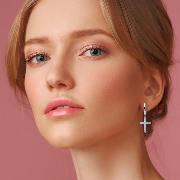 Certified 2mm Moissanite Diamond Cross Huggie Hoop Earrings NEW - Picture 2 of 10